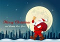 Santa Claus with gifts and bell against full moon background.  Merry Christmas and happy New year Royalty Free Stock Photo